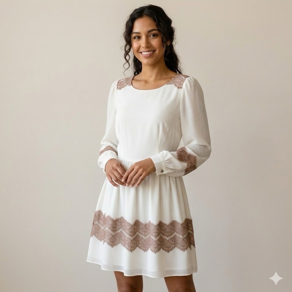 Darling White & Mauve Scalloped Lace Long Sleeve Mini Dress | Size Small